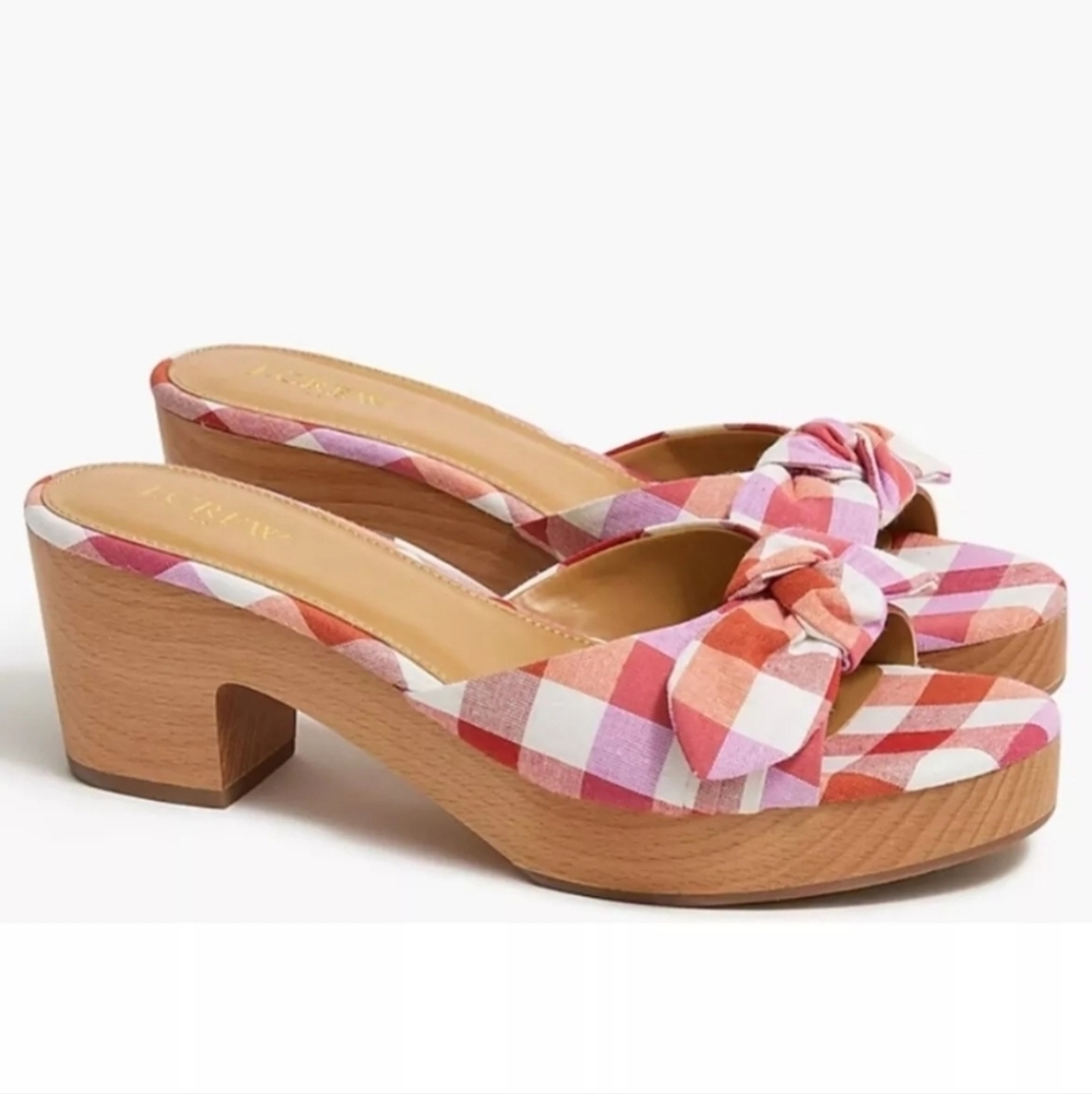 J.Crew New in Box Gingham Plaid Bow Chunky Wooden Mules Preppy Chic Boho